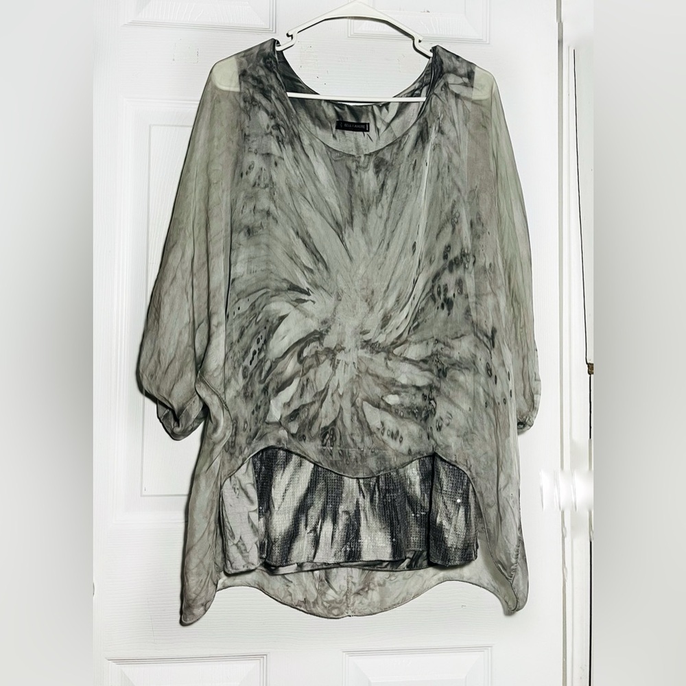 Bella Amore Italy Gray Women’s Tie Dye Scoop Neck Sheer Dolman sleeve Tunic OS‎